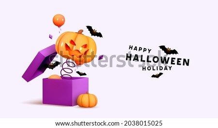 Halloween Holiday Design. Scary pumpkin head jumps out. Open gifts boxes. Realistic 3d pumpkin with scary smiles on his face. Web Banner, Party poster, advertising brochure, flyer. Vector illustration