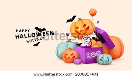 Halloween Holiday Design. Scary pumpkin head jumps out. Open gifts boxes. Realistic 3d pumpkin with scary smiles on his face. Web Banner, Party poster, advertising brochure, flyer. Vector illustration