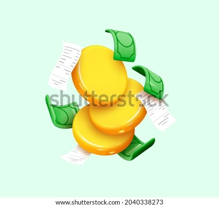 Gold coins with green paper dollars, Cashier's checks. Realistic 3d design in cartoon style. Business financial investment. Creative concept. Trade cash back. Save savings. Vector illustration
