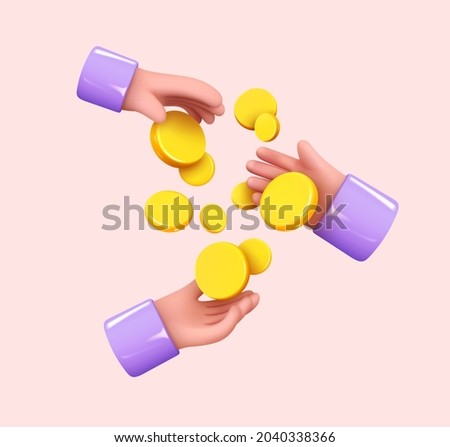 Gold Coins money passed and served from hand to hands. Creative concept. Trade cash back. Realistic 3d design in cartoon style. Business financial investment. Save savings. Vector illustration