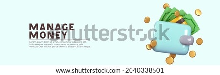 Money wallet with green paper dollars, gold coins. Realistic 3d design in cartoon style. Trade cash back. Creative concept. Horizontal banner, poster, header for website. Vector illustration