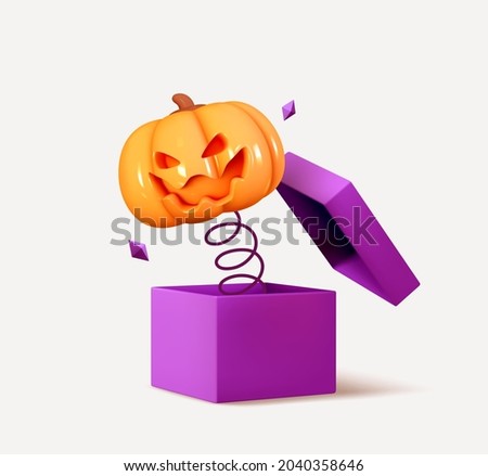 Happy Halloween. Orange pumpkins with emotion on his face scary smile, jumps from out surprise boxes. Realistic 3d design. Creative Decor for poster, web banner, flyer, brochure. Vector illustration