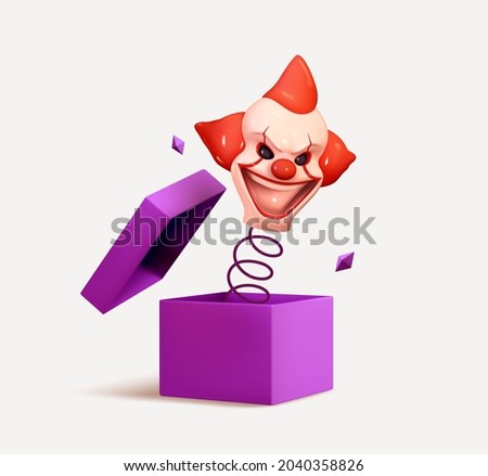 Happy Halloween. Clown head with emotion on his face scary smile, jumps from out surprise boxes. Realistic 3d design. Creative Decor for poster, web banner, flyer, brochure. Vector illustration