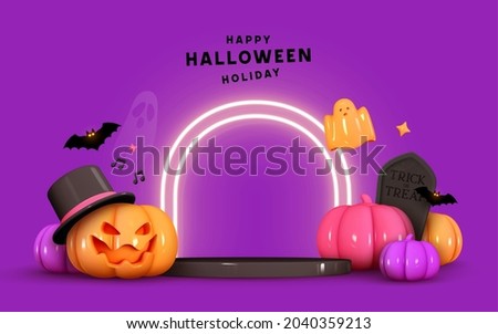 Happy Halloween background. Realistic 3d design stage podium, round studio, neon lights. Orange pumpkins in hat, emotion on his face scary smile. Bats fly, ghost. Creative Banner, web poster. Vector