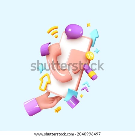 Social media creative idea 3d concept with realistic design. Online social network. Business communication applications. Marketing time. In hand Mobile phone with volumetric icons. Vector illustration