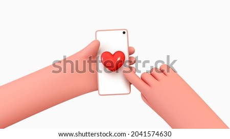In hands of mobile phone, icons like red heart, approval social networks. Social media creative idea 3d concept with realistic design. People Holding Smartphone. Vector illustration