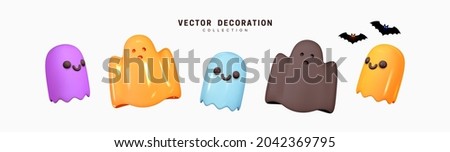 Ghost for Halloween. Set of multi-colored Ghosts with scary and evil emotions on their faces. Creative concept idea. Realistic 3d design. Traditional elements of decor for holiday. Vector illustration