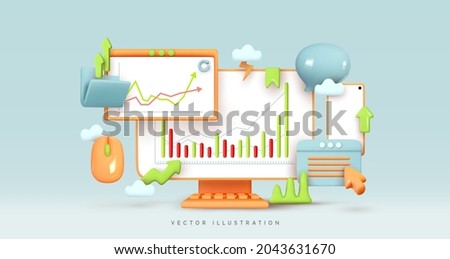 Business data analysis. Stock investment exchange. Financial statistics. Finance Infographic report market analysis. Desktop monitor computer. Creative concept idea, realistic 3d. Vector illustration