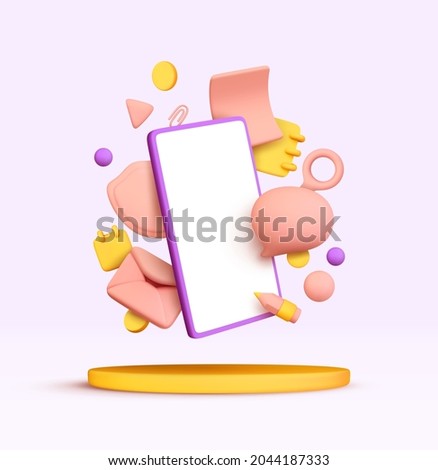 Social media creative idea 3d concept with realistic design. Online social network. Business communication applications. Marketing time. Mobile phone with volumetric icons. Vector illustration