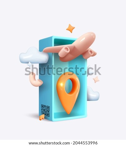 Travel by plane creative concept. Realistic 3d design airplane takes off from suitcase with barcode. Flight restriction during pandemic. Composition isolated on blue background. Vector illustration
