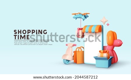 Online store. Shopping time. Creative concept idea design. Realistic 3d mobile phone, Moto scooter, flying drone, gifts box and shopping. Courier service Delivery. Landing page. Vector illustration