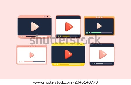 Video player template. Realistic 3d screen live stream. Set of Video frame icons. Creative design elements for Social media. Vector illustration