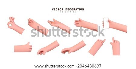 Hands set of realistic 3d design in cartoon style. Hand shows different gestures signs. Collection isolated on white background. Vector illustration Foto stock © 