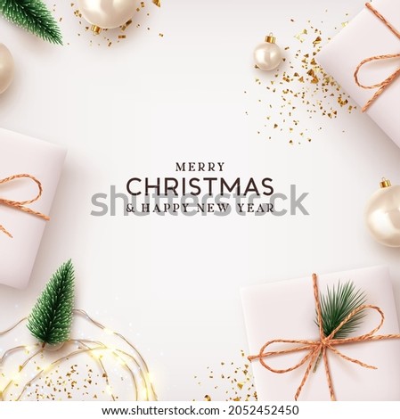 Merry Christmas and Happy New Year. Xmas Background design lights garland, realistic gifts box, white balls and glitter gold confetti. Christmas poster, holiday banner, lush green tree and pine. 商業照片 © 