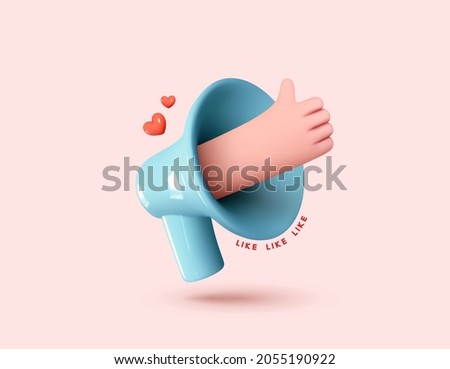 Social media. Hand Symbol like and red heart love. Marketing time concept, realistic 3d blue megaphone, loudspeaker by hand. Isolated on pink background. Vector illustration.
