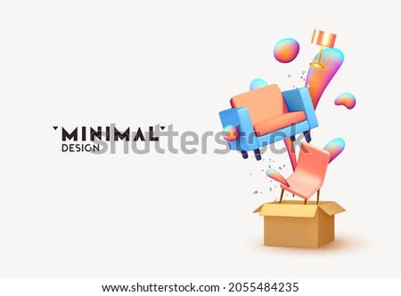 Abstract minimal design with realistic 3d objects. Open cardboard box with furniture armchair, chair and table lamp, move and delivery concept. Creative poster, banner. Vector illustration