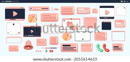 Design set for apps and websites. Scroll bar for the player. Multicolored icon templates frame video player. Realistic 3d objects for social media. Vector illustration