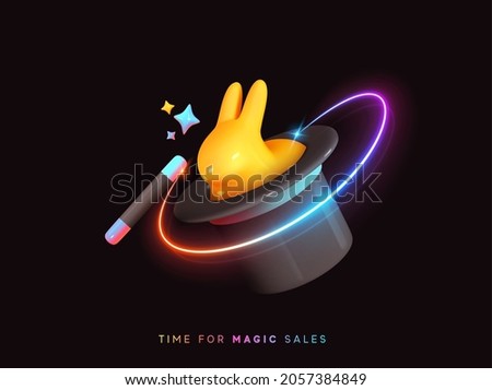 Magic Hat of conjurer with stick. Surprise yellow cute hare, funny rabbit inside. Realistic 3d design. Vector illustration.
