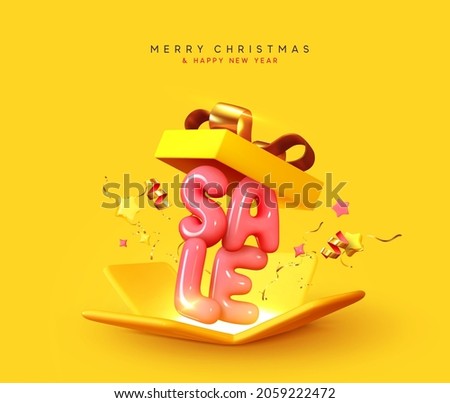 Merry Christmas and Happy New Year. Background with realistic 3d yellow open gifts box. Xmas sale present. Holiday decorative boxes. Festive gift surprise. Golden glitter confetti. Vector illustration