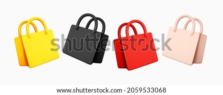 Set of Shopping bag realistic 3d design. Stylish fashionable bag isolated on white background. Colored collection. Vector illustration