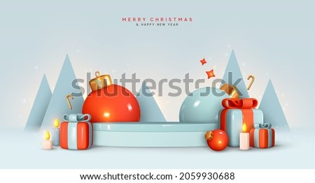 Christmas and New Year festive blue round podium studio with realistic 3d bauble balls, cone trees, gift box. Creative holiday template. Xmas winter composition. Banner and web poster, cover, brochure