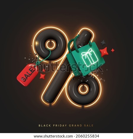 Black Friday. Christmas sale. New Year discounts. Realistic 3d objects design, Dark big percentage sign. Green Shopping bag. Fashion Stylish trendy background. Valentine's Day. Vector illustration
