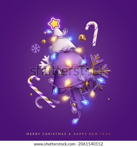 Christmas sparkling bright tree. Merry Christmas and Happy new year. Realistic 3d design of objects, light garlands, snowflake, candy cane, purple colors compositions. Tree star. Vector illustration