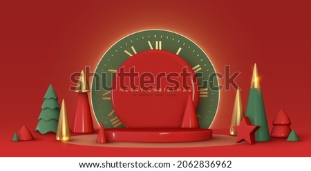 Christmas and New Year festive red round podium studio with realistic 3d cone trees, neon lights. Modern Creative holiday template. Xmas winter composition. Banner and web poster, cover and brochure