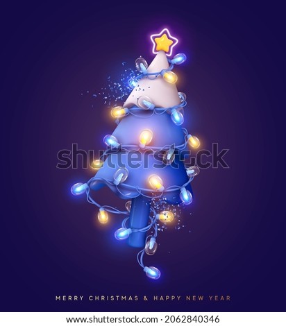 Merry Christmas and Happy new year. Realistic 3d design Christmas tree sparkling bright light garlands, golden star. Festive Xmas compositions. Holiday greeting card. Vector illustration