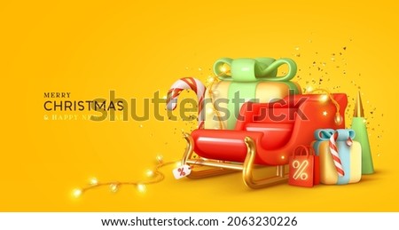 Christmas red Santa sleigh, pile gifts boxes. Realistic 3d design, surprise box, cane candies, gold confetti, decorative light garland. Xmas Sale label. Merry Christmas and Happy New Year background