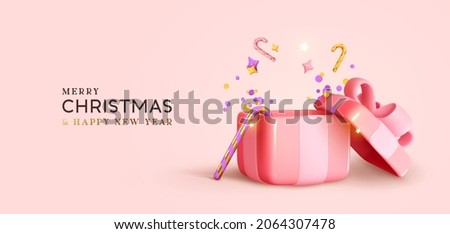 Pink Open gift box realistic 3d design. Christmas and New Year's surprise. Present box for birthday. Xmas Gift boxes template. Soft pastel colors. Holiday banner, web poster, greeting card. Vector