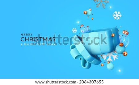 Christmas holiday realistic 3d gifts boxes. Open gift box full of decorative festive object. New year banner, web poster, flyer, stylish brochure, greeting card. Xmas background. Vector illustration