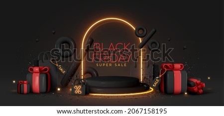 Black Friday Sale. Realistic 3d design stage podium, round studio, gold neon lights, gift box black, red bow, shopping bag, big percent label discount. Creative marketing concept. Vector illustration