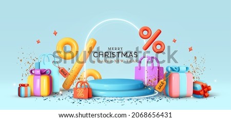 Christmas and New Year Sale. Realistic 3d design stage podium, round studio. Gift boxes, shopping bags. Decorative festive elements, present box surprise. Xmas blue background. Vector illustration