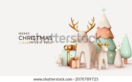 Christmas winter festive composition. Colorful Xmas background realistic 3d decorative design objects, big and small deer, gift boxes, snowy trees, gold confetti. Happy New Year. Vector illustration 商業照片 © 