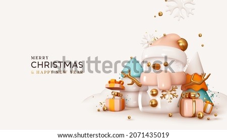 Merry Christmas and Happy New Year. Xmas Festive background. Realistic 3d design glass white snowman cute winter character, Abstract cone trees, gift boxes. Greeting card, Holiday banner, web poster