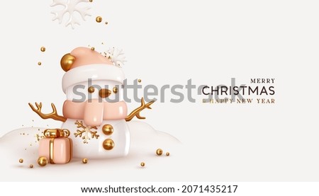 Christmas snowman with gift box realistic 3d design, gold metal balls and snowflakes. Festive winter composition. Happy New Year and Xmas. Holiday seasonal background. Vector illustration