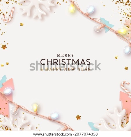 Merry Christmas and Happy New Year. Background Xmas design realistic decoration light garlands. Flat lay top view. Christmas poster, holiday banner, flyer, stylish brochure, greeting card. Vector 