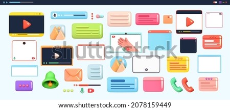 Big set of Design Elements for mobile apps and websites. Scroll bar for player, button notifications, messages. Icon templates frame video player. Objects for social media.  Realistic 3d Vector 