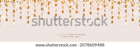 Christmas golden decoration. Gold stars, glitters confetti, hanging glass bauble balls. Vector illustration
