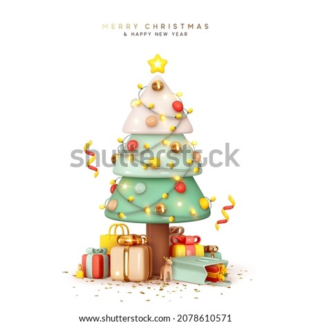 Christmas sparkling bright tree with star. Merry Christmas and Happy New Year. Realistic 3d design of objects, light garlands, bauble ball, Gift box, surprise gifts, gold confetti. Vector illustration 商業照片 © 