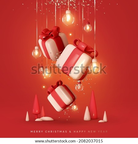 Merry Christmas and Happy New Year background. Realistic 3d Xmas design, falling gift boxes and gold confetti hanging on ribbon glass balls decoration light garland Christmas tree. Vector illustration 商業照片 © 