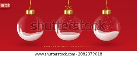 Christmas decorations glass baubles transparent balls inside snow, hang on gold ribbon, set isolated on red background. Realistic 3d design of elements of Christmas decorations. vector illustration 商業照片 © 