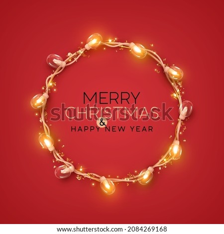 Christmas red background with realistic decoration round ring from glass light garland. Merry Christmas Greeting card. Happy new year. Festive bright design. Xmas Holiday poster. vector illustration