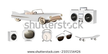 Set of realistic 3d design objects, white convertible car, retro tape recorder, modern sun goggles, vintage TV, sports skateboard, music column, alarm clock. Vector illustration