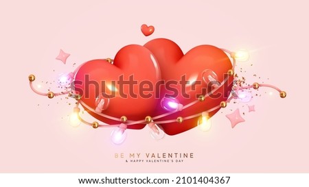 Valentine's Day. Red pair of hearts. Realistic 3d design, two hearts with bright light decorative garlands and golden confetti. Romantic background, creative banner, web poster. vector illustration
