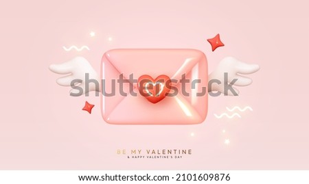 Happy Valentine's day. Pink paper envelope with angel wings and red heart. Realistic 3d design congratulations mail envelope. Holiday background. Letters Be my Valentine. Vector illustration