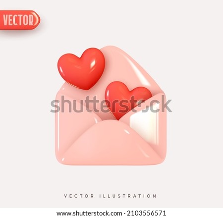 3d vector icon open envelope letter, mail letter with red heart. Realistic Elements for romantic design. Isolated object on pink background