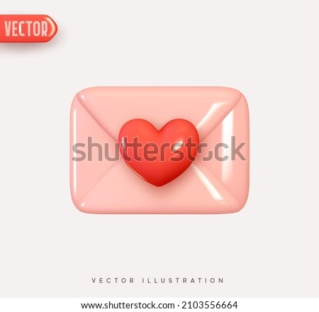 3d vector icon envelope letter, mail letter with red heart. Realistic Elements for romantic design. Isolated object on white background