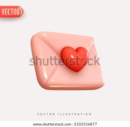 3d vector icon envelope letter, mail letter with red heart. Realistic Elements for romantic design. Isolated object on white background